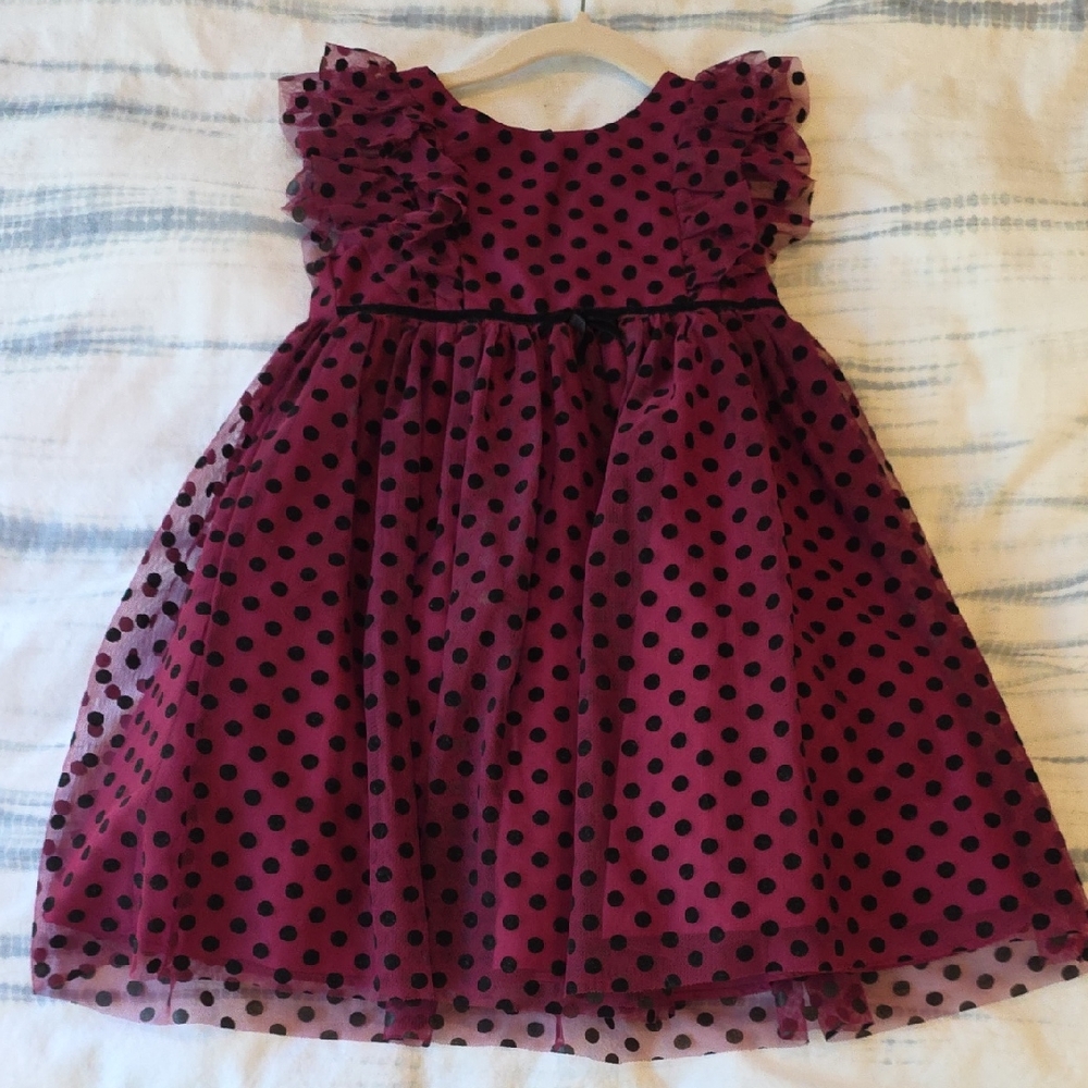 Pastourelle Burgundy Polka Dot Dress with Ruffle Sleeves